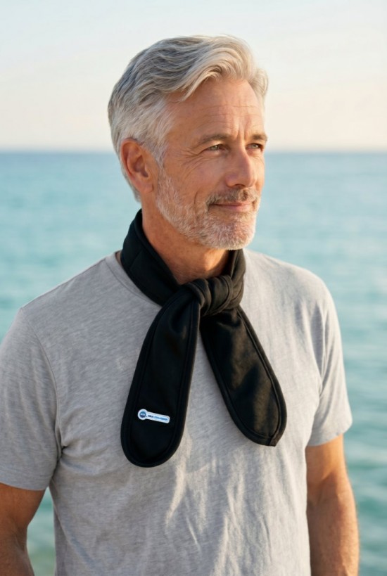 Voorbeeld van iemand die een Aqua Coolkeeper koelsjaal Black om heeft