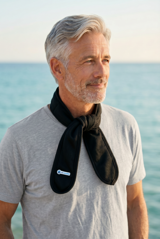 Voorbeeld van een man met een Aqua coolkeeper koelsjaal black