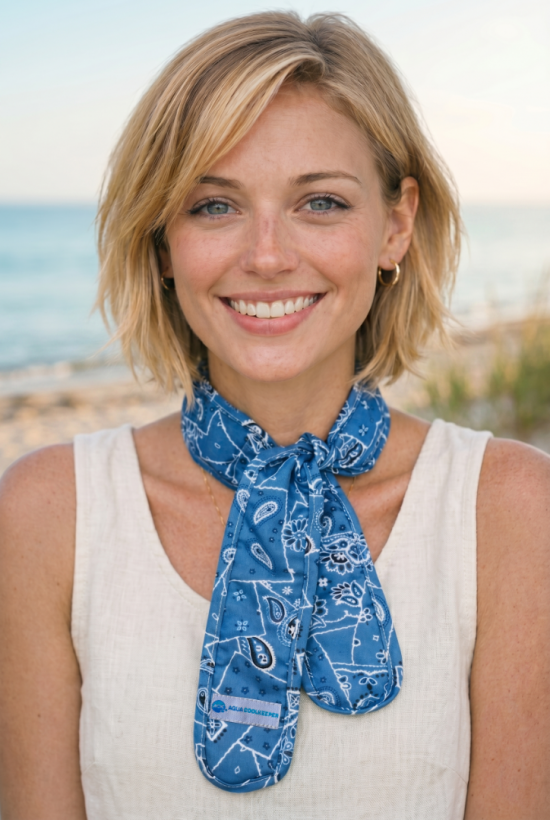 Voorbeeld van vrouw met Aqua coolkeeper koelsjaal blue western