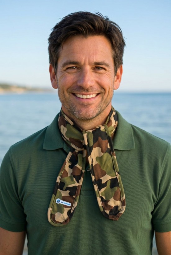 Voorbeeld van iemand die een Aqua Coolkeeper koelsjaal Camouflage om heeft