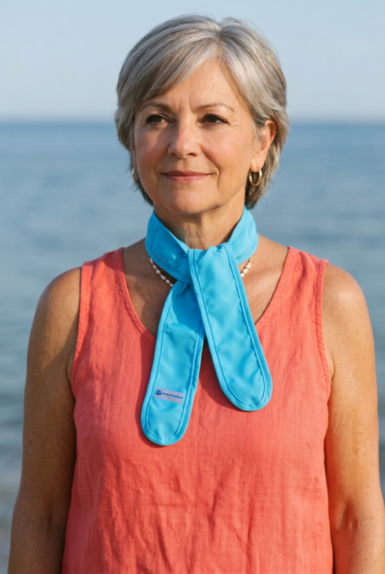 Voorbeeld van een vrouw met Aqua Coolkeeper Koelsjaal ocean blue
