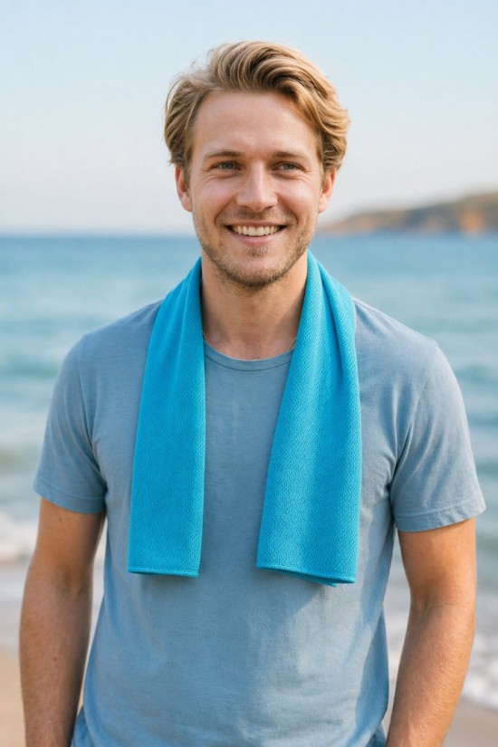 Voorbeeld van iemand die een Cooling Towel lichtblauw om heeft