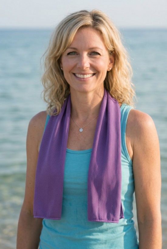 Voorbeeld van iemand die een Cooling Towel Lila om heeft