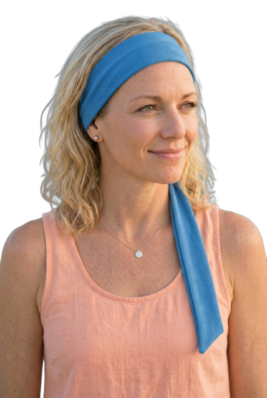 Voorbeeld van iemand met een Cooling Towel XL lichtblauw om het hoofd