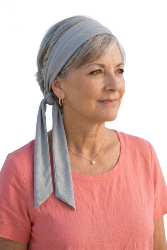 Voorbeeld van een vrouw met een Cooling Towel XL Zilver om haar hoofd