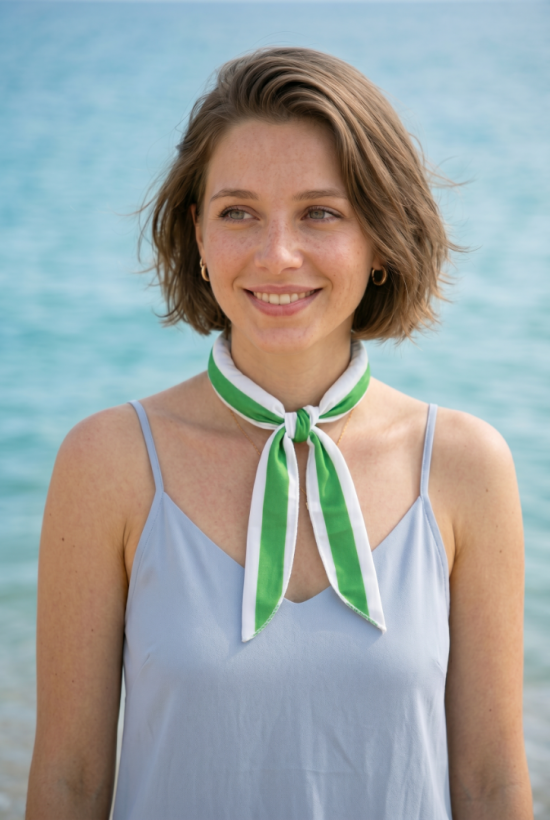 Voorbeeld van iemand die een Koelsjaal groen-wit om heeft