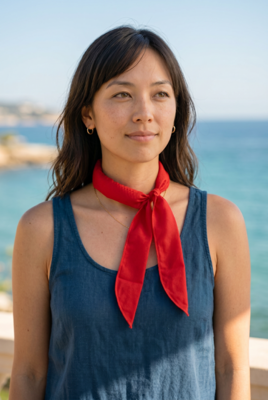Voorbeeld van iemand die een Koelsjaal rood om heeft