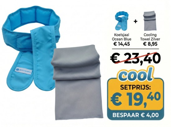 Voordeelset bestaande uit een Aqua Coolkeeper Verkoelingssjaal Ocean Blue en een Cooling Towel Zilver