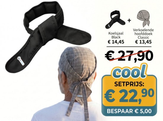 Set bestaande uit een Verkoelende Hoofddoek Classic en een Aqua Coolkeeper Koelsjaal Black