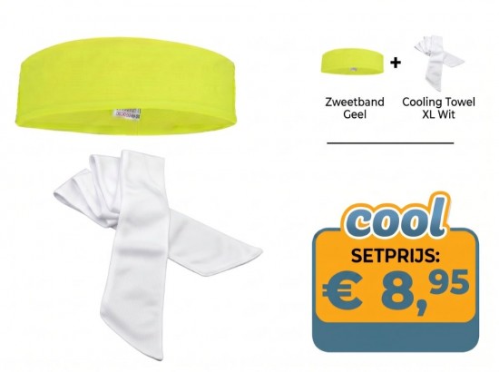 Voorbeeld van een zweetband geel en een cooling towel xl wit