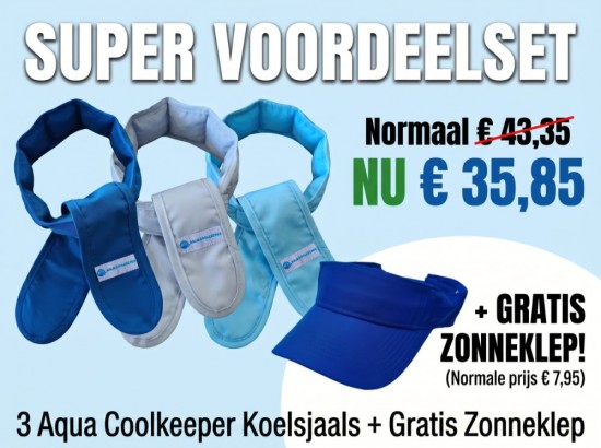 Super Voordeelset van 3 Aqua Coolkeeper Koelsjaals met een Gratis Zonneklep