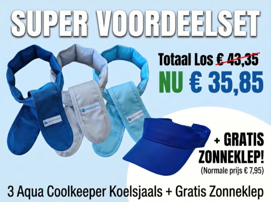 Super Voordeelset van 3 maal een Aqua Coolkeeper Koelsjaal met een gratis Zonneklep