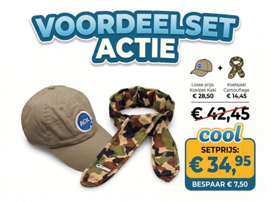 Voordeelset bestaande uit een Aqua Coolkeeper Koelpet Kaki en een Verkoelingssjaal Camouflage